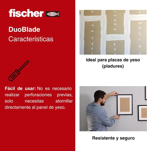 Vista 2 de fischer DuoBlade - Anclaje autoperforante para paneles de yeso de 1-1/2" (40 mm) con punta de metal y tornillo de aglomerado, 25 anclajes y 25