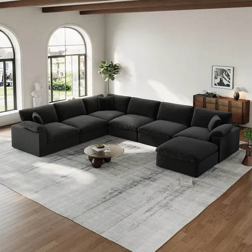 Vista 13 de Sofá modular Cloud para sala de estar, sofás de mezcla de lino en forma de L, modernos sofás de nube de asiento profundo, sofás seccionales Beige