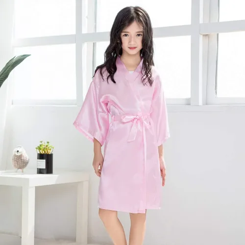 Vista 2 de Bata de satén de seda, kimono, ropa para bebés y niñas, bata de baño sólida, abrigos de invierno para adolescentes (rosa, 2-3 años)