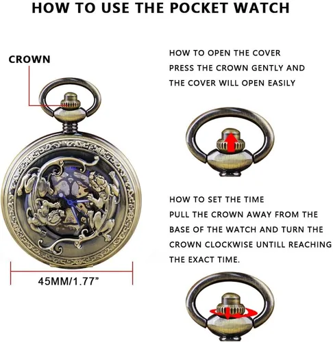 Vista 7 de Bronze Retro Mechanical Pocket Watch Skeleton Roman Numerals Hollow Mechanical Pocket Watches with Box M100