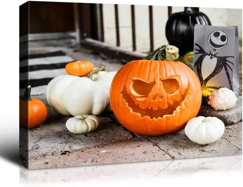 Vista 14 de Denozer - Decoración de pared de calabaza de Halloween, pósteres de regalo, decoración del hogar, arte de pared, imágenes en lienzo HD, estiradas