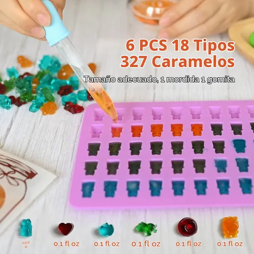 Vista 2 de Moldes de silicona para gomitas de oso, 32 unidades, molde antiadherente para dulces de chocolate, 18 formas para 327 dulces, con 4 goteros, cepillo