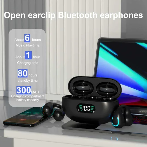 Vista 2 de Obbug Auriculares inalámbricos Bluetooth 5.3 con clip, 80 horas de reproducción con estuche de carga, IPX4 impermeables para correr, caminar, Negro