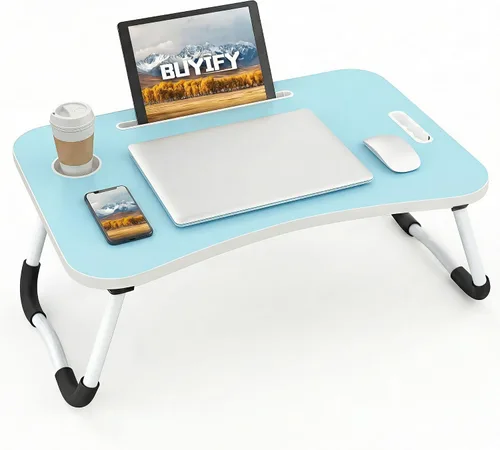 Vista 10 de BUYIFY Escritorio Plegable para Regazo, Escritorio Portátil de Madera Negra de 23 Pulgadas para Laptop en Cama con Portavasos, para Trabajar, Leer