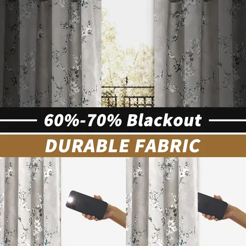 Vista 3 de DriftAway Cortinas florales grises para dormitorio, 63 pulgadas de largo, patrón estampado de ramas de flores azules y blancas, oscurecimiento