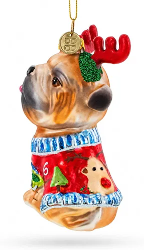 Vista 3 de Pug con cuernos de reno, adorno navideño de vidrio soplado