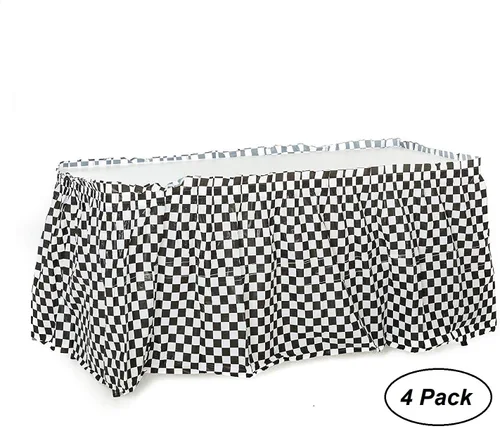 Vista 3 de Paquete de 4 faldas de mesa a cuadros en blanco y negro – 14 pies x 29 pulgadas, faldas de mesa de plástico a cuadros para decoración de fiesta