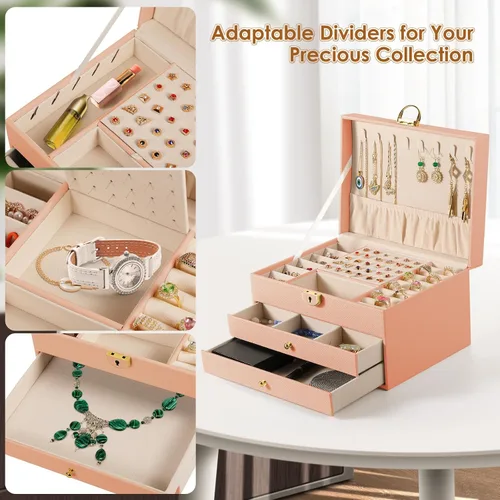 Vista 6 de coobest Joyero de 3 capas, organizador de joyas con cajón organizador de joyas, cajas de joyería grandes y organizador con organizador de aretes