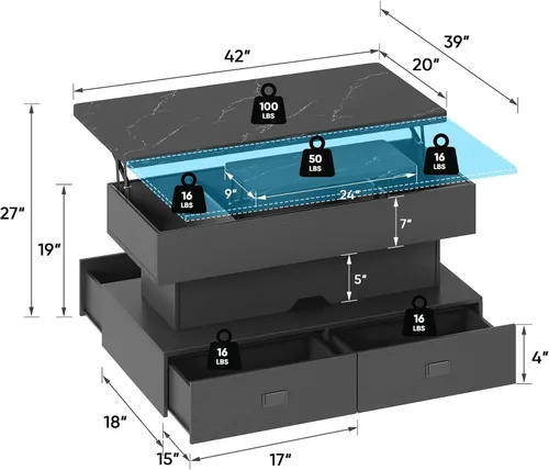 Vista 2 de Mesa de centro elevable de 40 pulgadas con luz LED, modernas mesas de centro grandes con almacenamiento y 4 cajones, mesa de centro de mesa