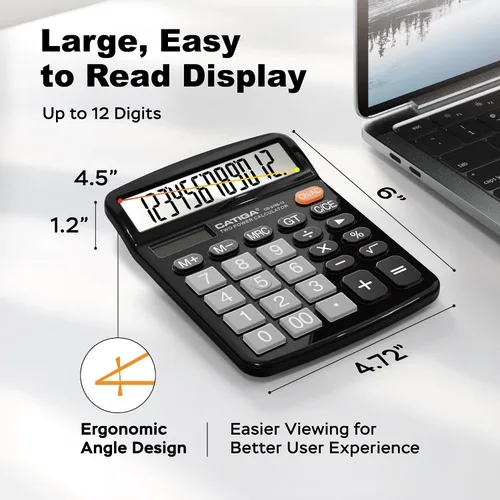 Vista 3 de CATIGA - Calculadora de escritorio de 12 dígitos, calculadoras de escritorio con pantalla LCD grande y botones grandes, calculadora solar básica