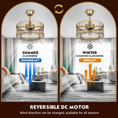 Vista 3 de Chinco Star Ventilador de Techo Enjaulado con Luz, Ventilador de Techo Fandelier Dorado y Control Remoto - Motor Reversible, Viento de 6