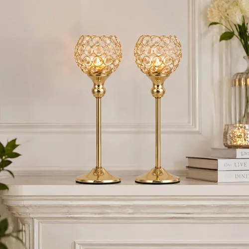 Vista 5 de Juego de 2 portavelas de cristal dorado para chimenea, mesa auxiliar, decoración de bodas, hogar, Halloween, centros de mesa 13“ Tall Tea Light