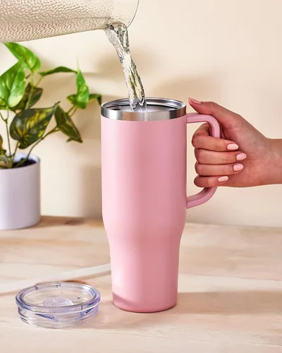 Vista 5 de Maars Charger - Taza de viaje aislada de 40 onzas con asa, vaso de acero inoxidable sellado al vacío de doble pared con popote y tapa, ónix blanco