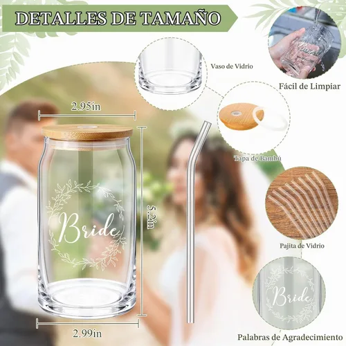 Vista 2 de Layhit 10 piezas de regalos de dama de honor, regalos de propuesta de dama de honor, 16 onzas, lindos vasos en forma de lata con tapas de bambú