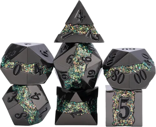 Vista 15 de Dados poliédricos DND de metal, juego de dados metálicos con purpurina a rayas grandes, juego de 7 dados plateados antiguos para juegos de rol