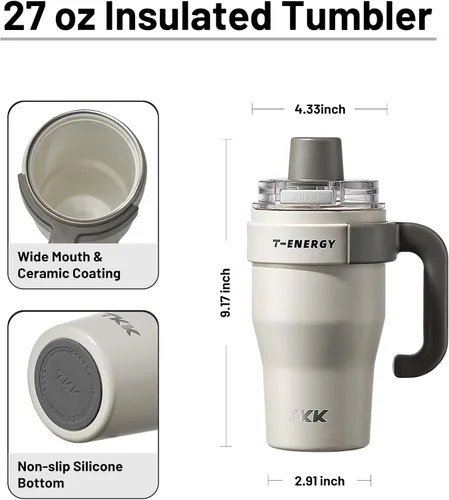 Vista 6 de TKK Vaso de 27 onzas con asa y popote, vaso aislado con revestimiento de cerámica, taza de viaje 100% a prueba de fugas para agua, té helado o café