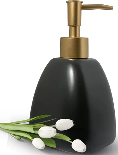 Vista 7 de Dispensador de jabón de cerámica de mármol negro con bomba dorada para baño y cocina, dispensador de platos recargable, dispensador de jabón líquido