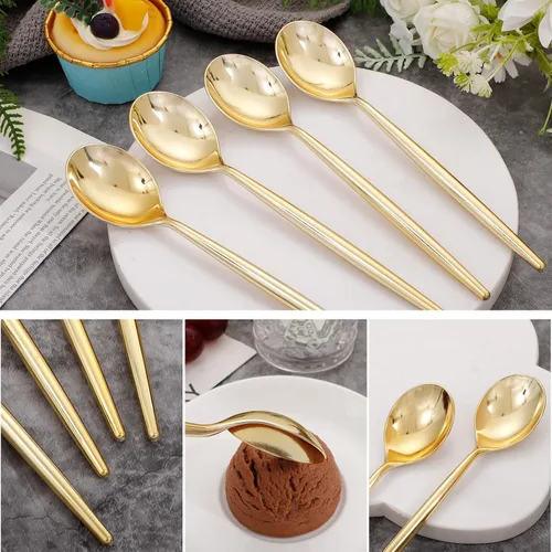 Vista 9 de U-QE 180 cucharas de plástico doradas, cucharas desechables de plástico resistente, cucharas de plástico pesadas, cubiertos de plástico dorado