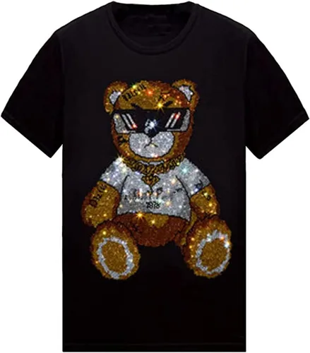 Vista 31 de HZCX FASHION Camiseta con strass brillante para Hombres y Mujeres, manga corta, con pedrería, para festivales de rock, con gemas, de algodón