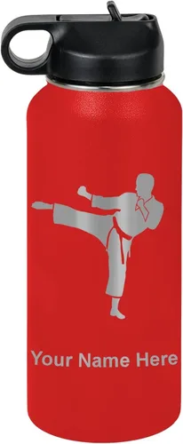 Vista 33 de Botella de agua personalizada LaserGram, Karate Man, de acero inoxidable con aislamiento al vacío de doble pared con tapa abatible, regalo grabado