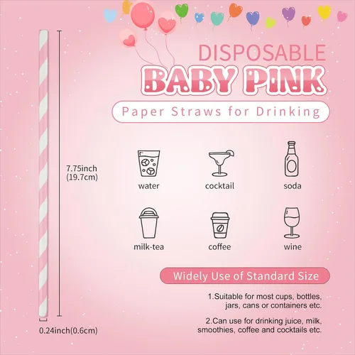 Vista 3 de PakTalk Paquete de 100 pajitas de papel rosa bebé para beber, desechables y biodegradables para cumpleaños, bodas, baby showers