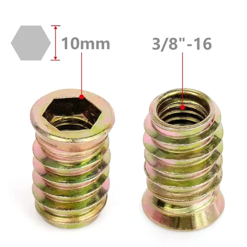 Vista 3 de 40 piezas de insertos roscados de 3/8"-16 x 25mm para muebles de madera, insertos de tuerca atornillables, conector de sujetador de perno roscado