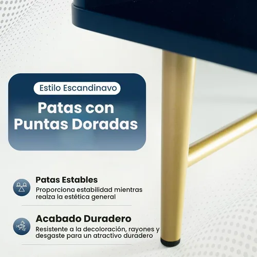 Vista 4 de Mesa de centro moderna con almacenamiento, acabado mate azul oscuro con patas doradas, mesa de centro cuadrada para sala de estar y granja