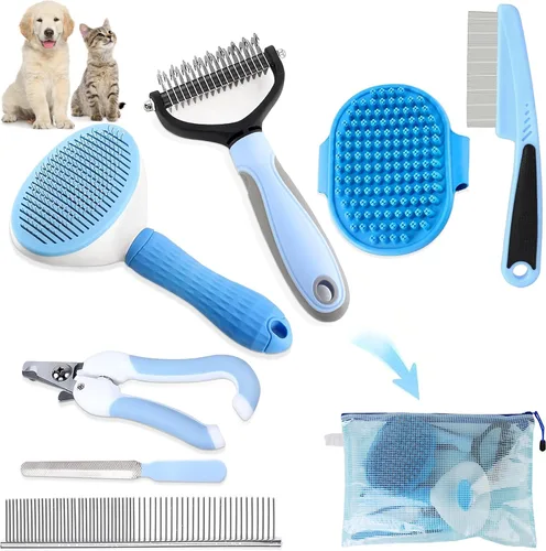 Vista 8 de Cepillo para perros Kit de aseo para perros, 7 piezas, cepillos para pelar perros, cepillos para aseo, peine desengrasante, cortauñas para gatos
