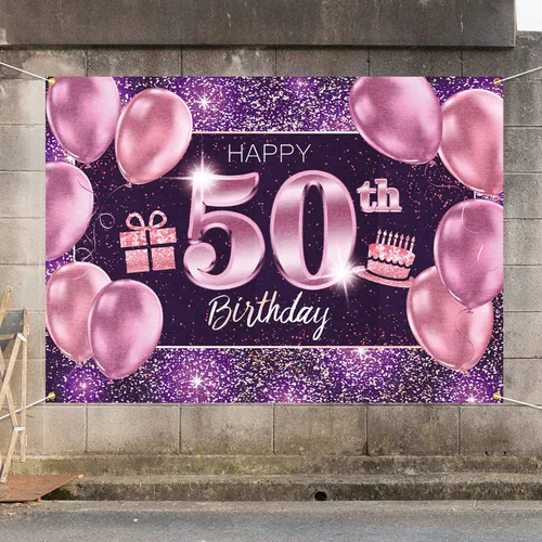 Vista 7 de pancarta grande rosa con texto en inglés “Happy Birthday