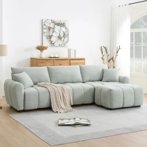 Vista 8 de Merax Moderno juego de sofá Boucle en forma de L con una otomana móvil y almohadas, sofá modular de 4 asientos con asiento extragrande para sala