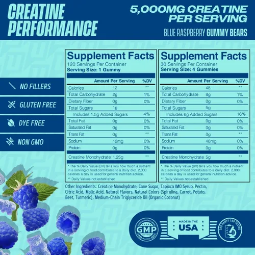 Vista 9 de Gomitas de monohidrato de creatina, 0.18 oz con fibra prebiótica para el crecimiento muscular y la fuerza, 30 porciones, frambuesa azul, probada
