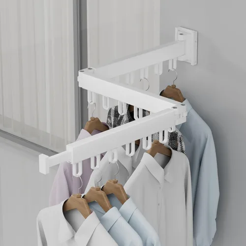 Vista 16 de Estante de Secado de Ropa, Tendedero de Ropa Retráctil y Plegable para Montaje en Pared para Interior, Estante de Colgar Ropa Ahorrador de Espacio