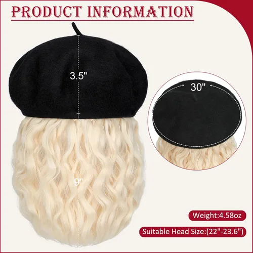 Vista 3 de Boinas con extensiones de cabello, gorra clásica elástica de lana francesa sólida adjunta, corto y rizado, peluca sintética para mujer, rubio