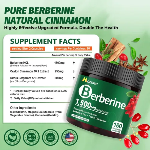Vista 5 de Suplemento de Berberina Orgánico Manewu - 180 unidades de Berberina con canela de Ceilán y Bergamota cítrica, suplementos de canela, complejo