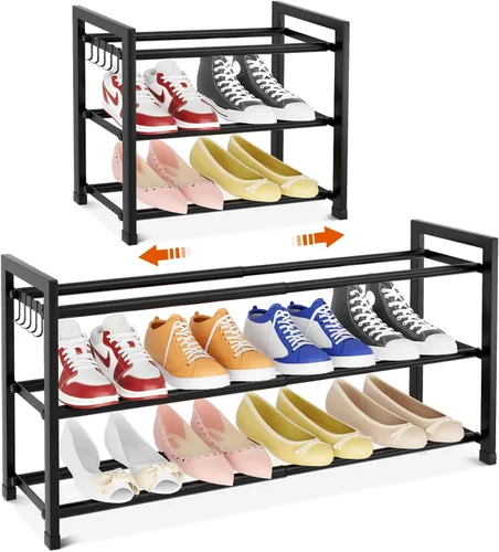 Vista 9 de Zapatero Expandible para Armario Zapatero de Metal Ajustable para Entrada 18.5"-33" Organizador de Zapatos Independiente 12 Pares con Ganchos