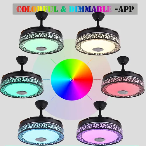 Vista 5 de Fandian Ventilador de techo Bluetooth inteligente moderno de 42 pulgadas con luces de control remoto, lámpara de techo retráctil, 7 luces