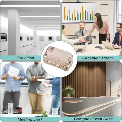 Vista 8 de Hipiwe Paquete de 2 soportes para tarjetas de visita de cristal de metal dorado para escritorio, oficina, organizador de almacenamiento de tarjetas