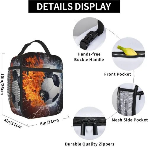 Vista 5 de Fiambrera deportiva con pelota de fútbol para niños, adultos, niñas, niños, bolsa de almuerzo refrigerante, reutilizable, aislada, bolsa