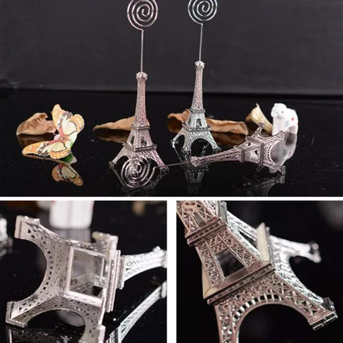 Vista 3 de Cabilock 4 soportes para notas con forma de torre Eiffel, elegantes decoraciones de mesa para oficina, hogar, bodas, cumpleaños y eventos, diseño