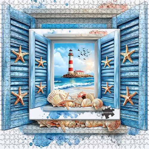 Vista 7 de PICKFORU Rompecabezas de playa para adultos de 1000 piezas, rompecabezas de faro con arte de ventana 3D y conchas marinas, rompecabezas únicos