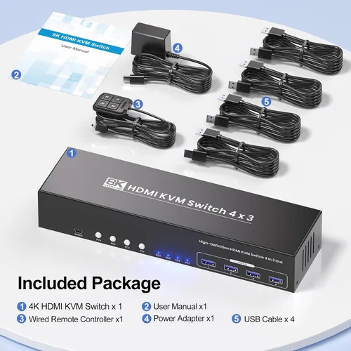 Vista 7 de Conmutador KVM HDMI USB 3.0 3 monitores 4 computadoras con 4 puertos USB 3.0 Hub, 8K @60HZ 4K @120Hz 4 puertos HDMI KVM Switch para 4 PC Comparte 1