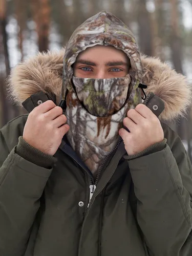 Vista 4 de 3 piezas de pasamontañas camuflaje para caza, máscara facial Sherpa con capucha, cubierta facial resistente al viento para clima frío, deportes