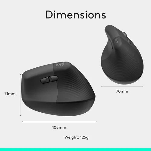 Vista 10 de Logitech Lift - Mouse ergonómico vertical, inalámbrico, Bluetooth o receptor USB, clics silenciosos, 4 botones, mouse inalámbrico para mano derecha