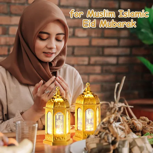 Vista 5 de Threan 2 faroles de Ramadán con luces LED mini Eid Mubarak, decoraciones de Ramadán para el hogar, mesa, pared, centros de mesa y decoración
