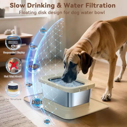 Vista 3 de Cuenco de agua para perros de 10L sin derrames, 2.6 galones de acero inoxidable sin salpicaduras, cuenco de agua grande para perros con alfombrilla