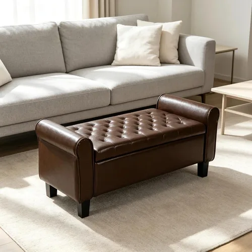 Vista 9 de 51 Inch Brown Faux Leather Storage Ottoman Bench with Rolled Armrests Leather-brown-51 Inch