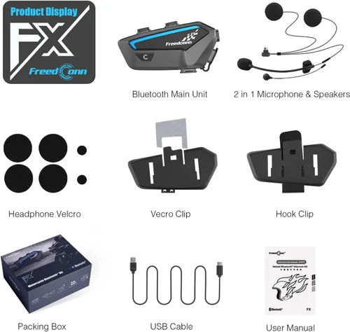 Vista 9 de FreedConn FX 10 Riders - Auriculares Bluetooth para motocicleta con intercambio de música, intercomunicador Bluetooth con cancelación de ruido/radio