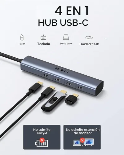 Vista 2 de Hub USB C, divisor USBC de 10Gbps para portátil, adaptador multipuerto de 4 puertos USB C a USBC para MacBook Pro/Air, iPad, teléfono, Surface Pro