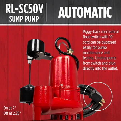 Vista 4 de Red Lion RL-SC50V 14942747 Bomba de sumidero de hierro fundido de 115 voltios, 1/2 HP, 4300 GPH con interruptor vertical, cable de 10 pies, rojo