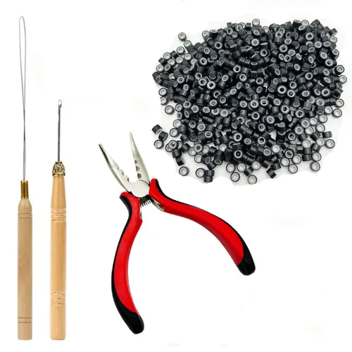 Vista 9 de Kit de herramientas de extensiones de cabello, 500 piezas de cuentas de microanillo, 1 alicates de extensión de cabello, 1 aguja de gancho, 1 lazo